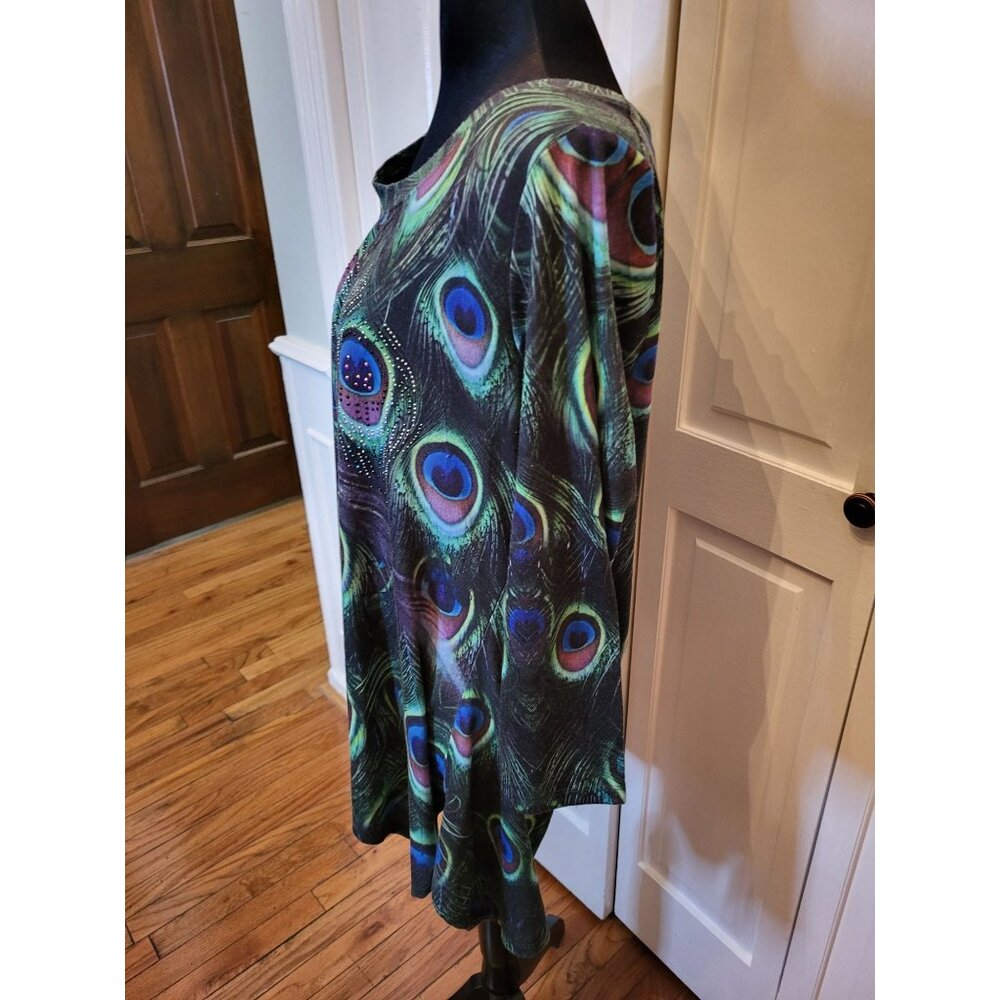 Green/Purple Peacock Print Tunic Rhinestones Handkerchief Hem L Mardi Gras Boho - Picture 8 of 9